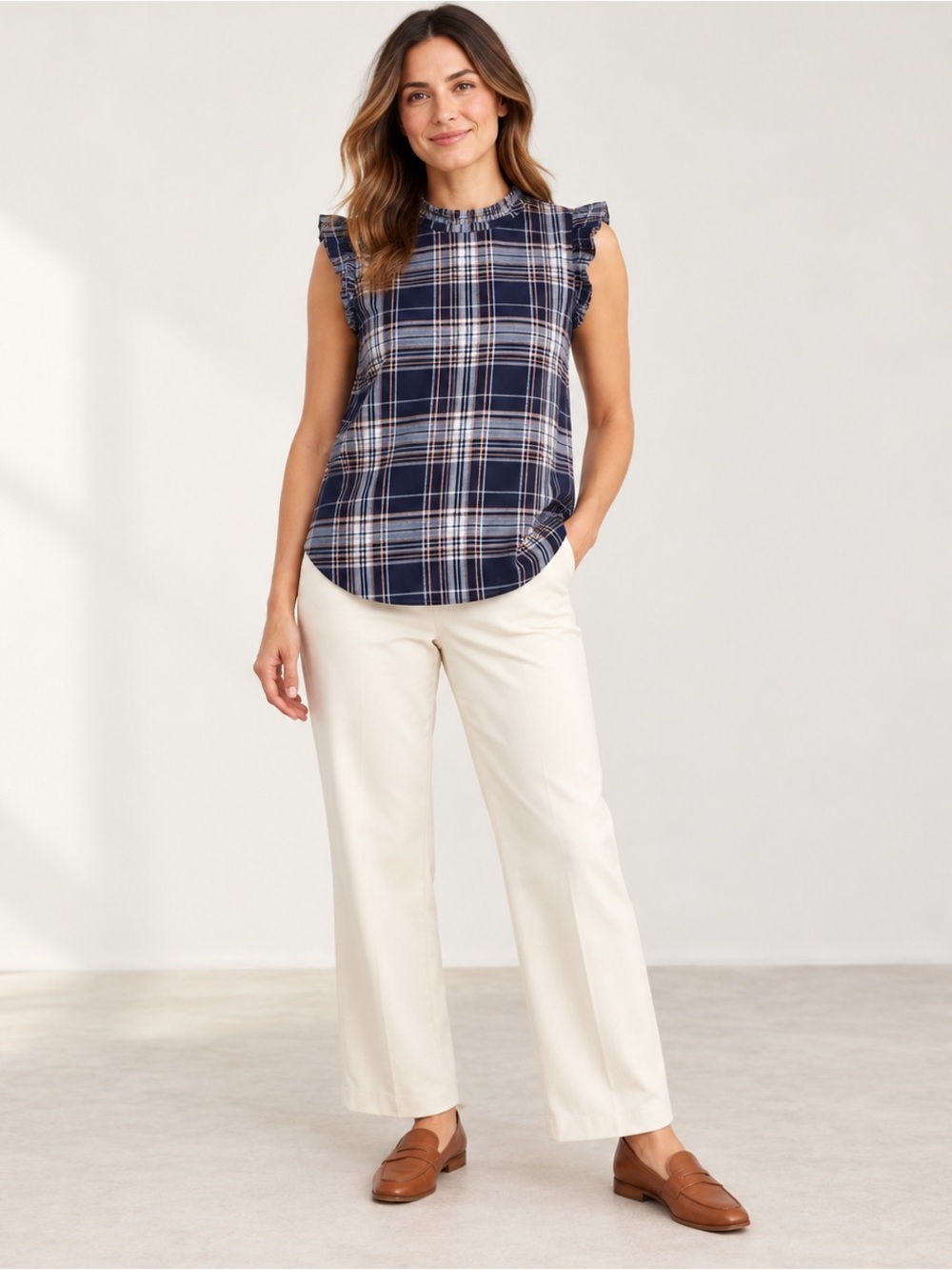 LOFT Navy Plaid Ruffle Sleeve Blouse